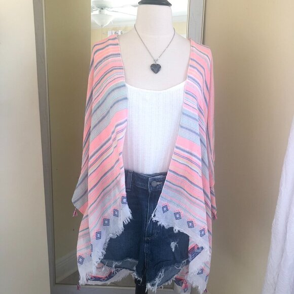Open Pink Striped Kimono Top One Size Fringe Beachy Boho - Picture 1 of 7